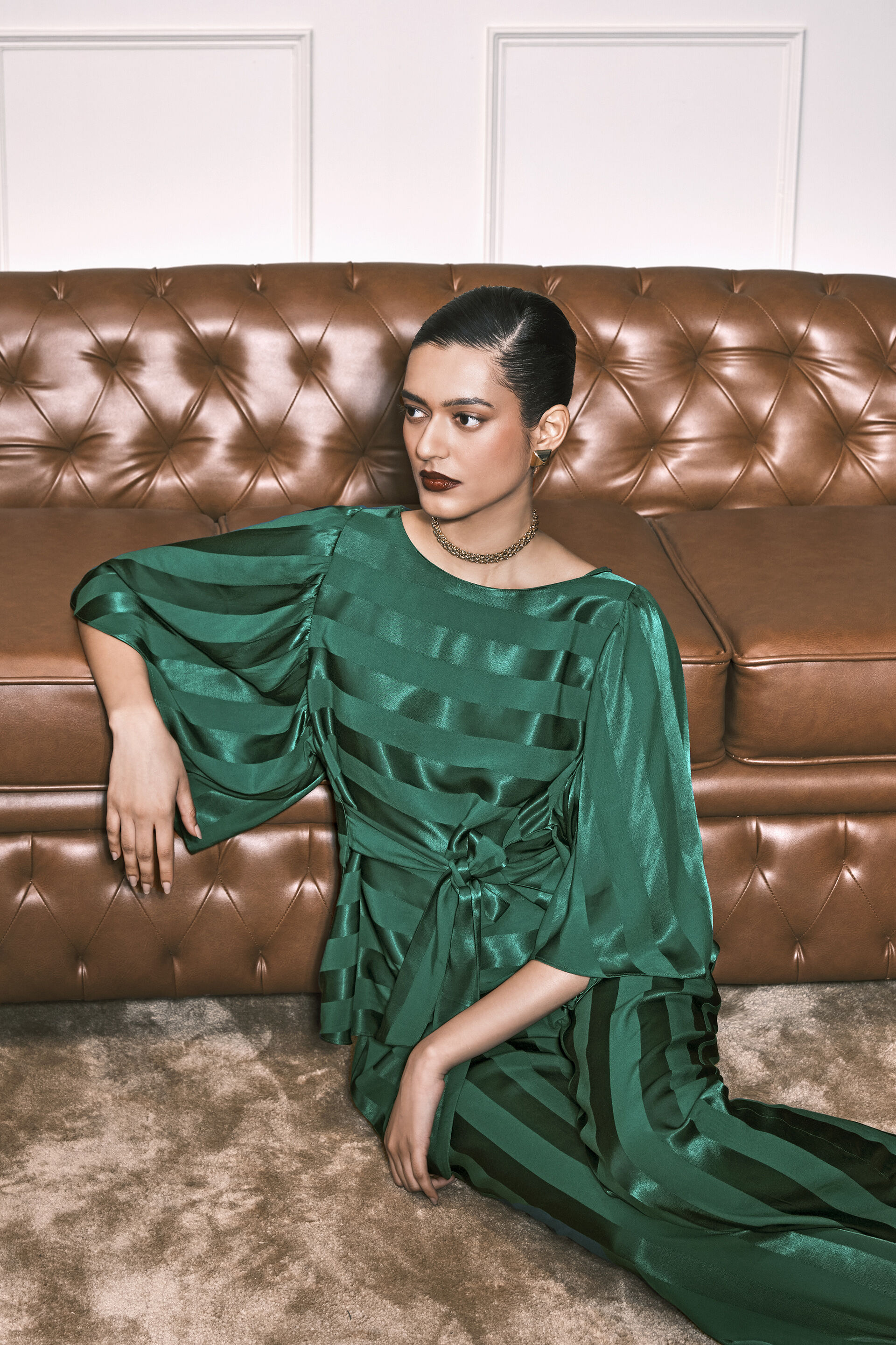 Stripes in Stack Satin Co-ord Set, Green, image 3